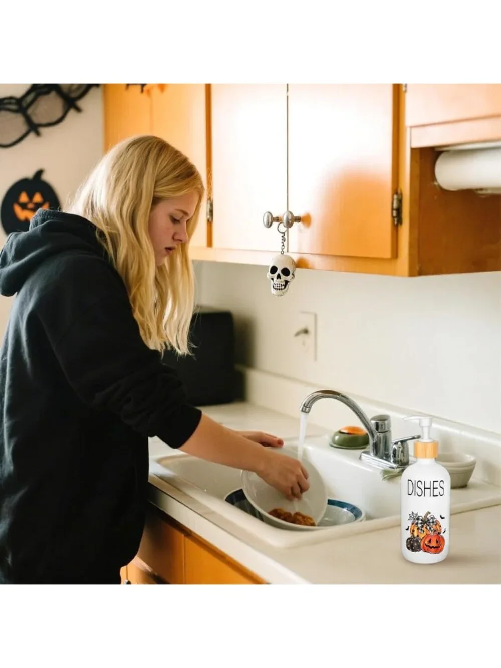 Spooky Pumpkin Ghost Soap Dispenser Set - Refillable Halloween Decor for Home